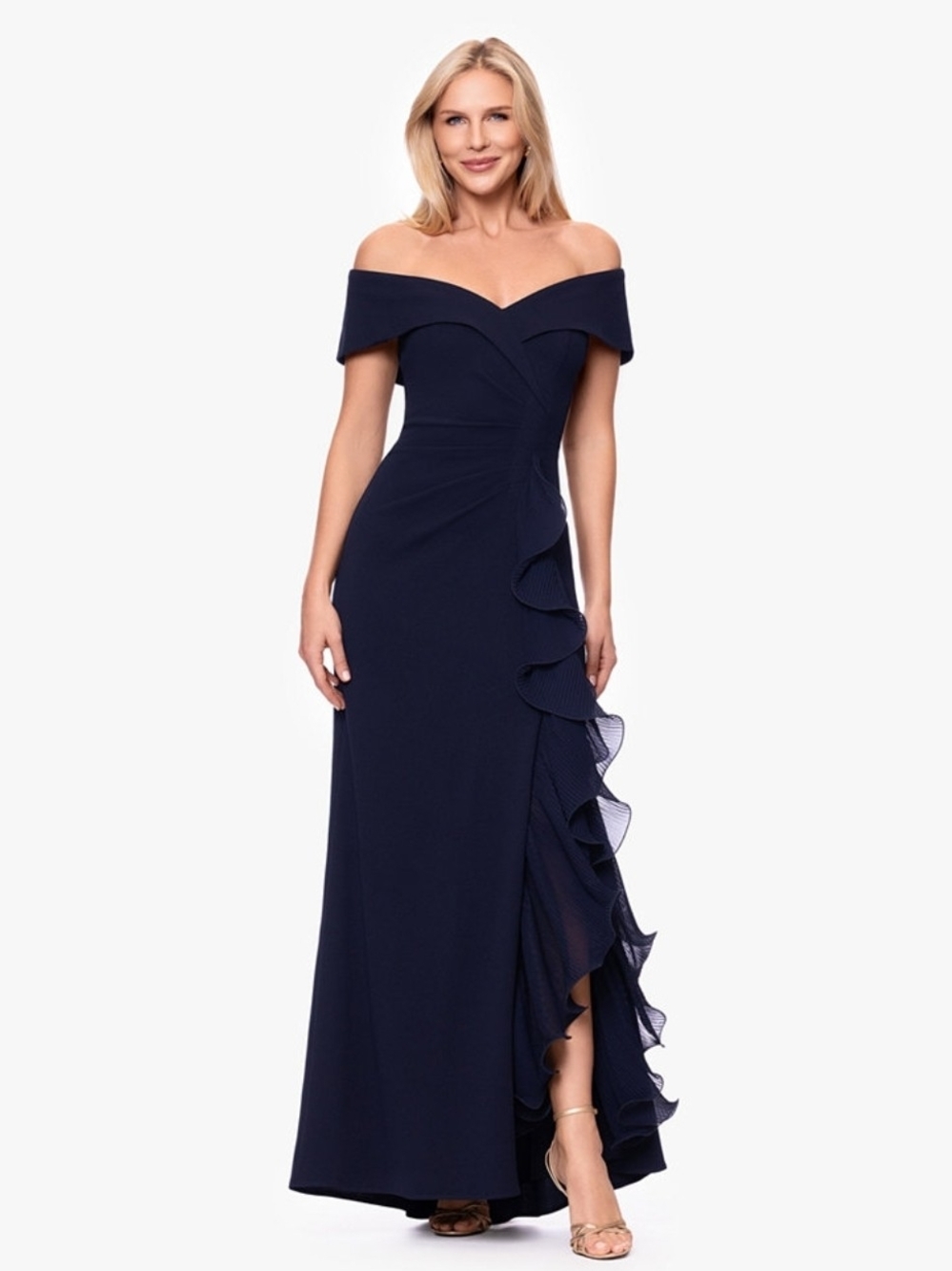 Xscape Navy One-Shoulder Ruffle Gown